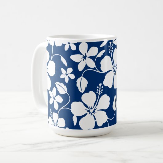 HAWAÏAN HULA (HIBISCUS) NAVY COFFEE MOK (Voorkant links)