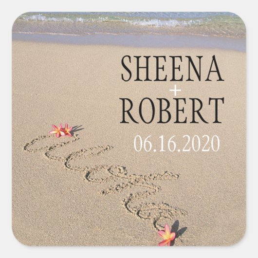 Hawaii Aloha Plumeria Bloemenstrand Bruiloft Custo Vierkante Sticker (Voorkant)