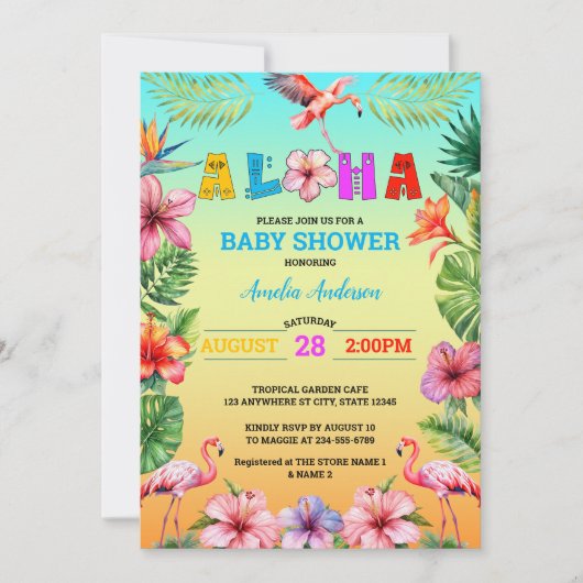 Hawaii Aloha Tropical Floral Flamingo Baby shower Kaart (Voorkant)