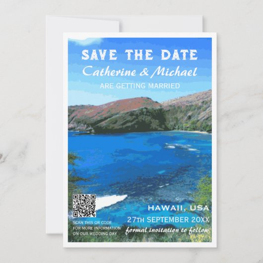 Hawaii Beach Bruiloft Reizen Poster Stijl QR Code Save The Date (Voorkant)