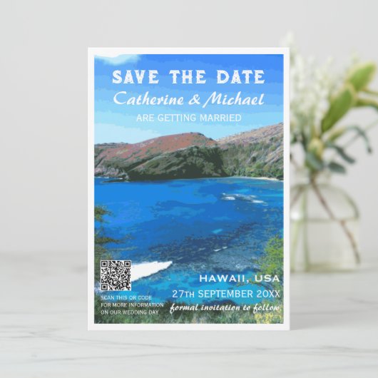 Hawaii Beach Bruiloft Reizen Poster Stijl QR Code Save The Date (Staand voorkant)