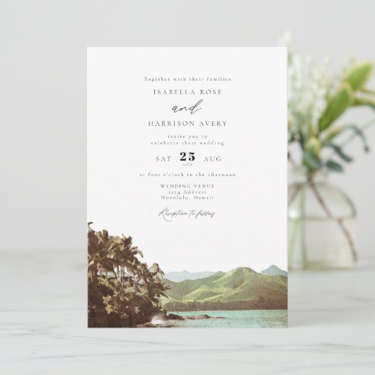 HAWAII  Beach Ocean Palm Tree Wedding Kaart (Staand voorkant)