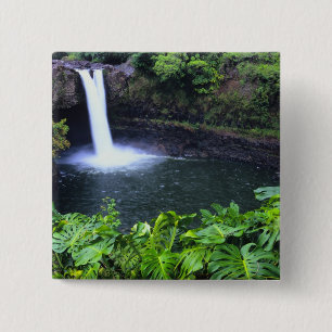 Hawaii, Big Island, Hilo, Rainbow Falls, Weelderig Vierkante Button 5,1 Cm