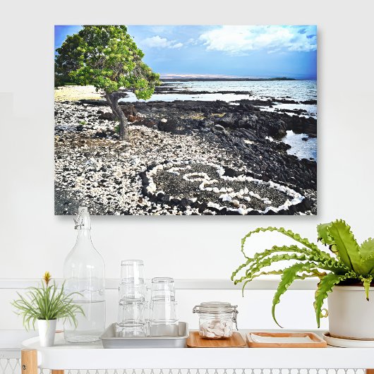 Hawaii Black Sand Beach & Coral "Love Heart Photo Canvas Afdruk