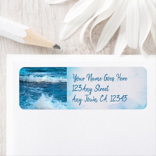 Hawaii blauwe oceaan golft tropisch fotoadres etiket (Insitu)