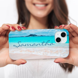 Hawaii blauwe oceaan zandstrand foto monogram naam iPhone 15 hoesje
