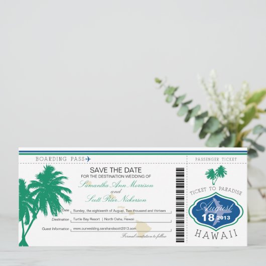 Hawaii Boarding Pass Save the Date (Staand voorkant)