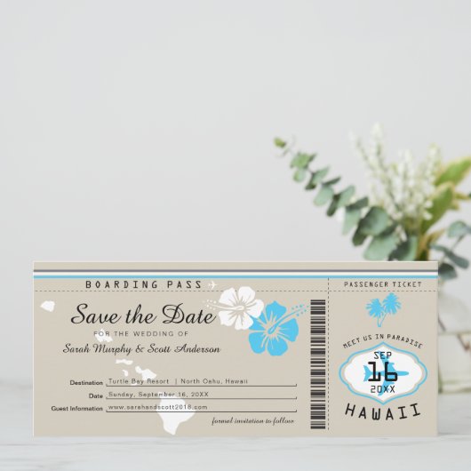 Hawaii Boarding Pass Tand and Blue Save the Date Kaart (Staand voorkant)