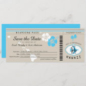 Hawaii Boarding Pass Tand and Blue Save the Date Kaart (Voorkant / Achterkant)