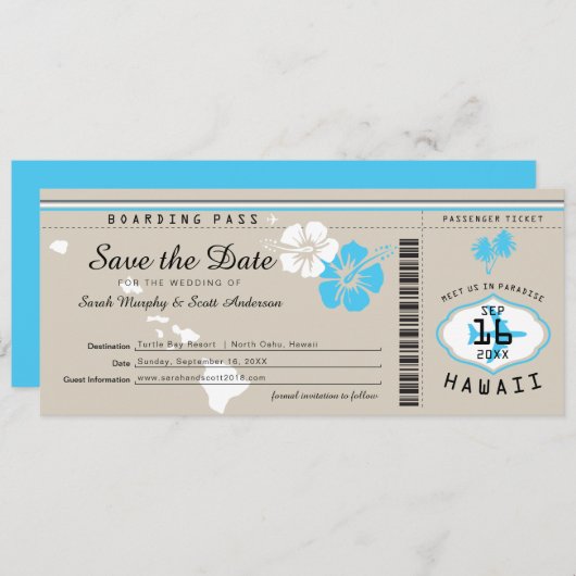 Hawaii Boarding Pass Tand and Blue Save the Date Kaart (Voorkant / Achterkant)