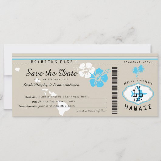 Hawaii Boarding Pass Tand and Blue Save the Date Kaart (Voorkant)