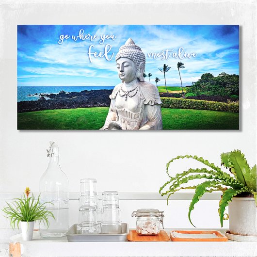 Hawaii Boeddha Kust Foto Inspirerende Citaat Canvas Afdruk