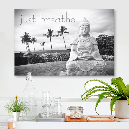 Hawaii Buddha Black White Foto enkel Breathe Quote Canvas Afdruk