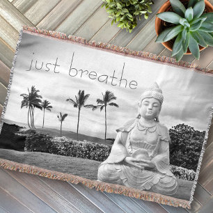 Hawaii Buddha Black White Foto enkel Breathe Quote Deken