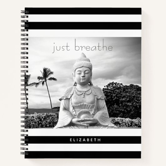 Hawaii Buddha Black White Stripes Just Breathe Notitieboek (Voorkant)
