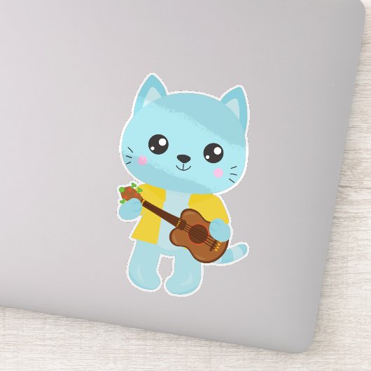 Hawaii Cat, Cute Cat, Blue Cat, Guitar, Luau Sticker (Detail)