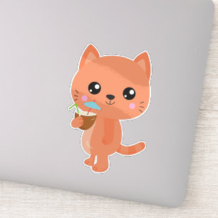 Hawaii Cat, Cute Cat, Oranje Cat, Cocktail, Luau Sticker