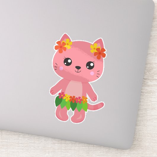 Hawaii Cat, Cute Cat, Pink Cat, Flowers, Luau Sticker (Detail)