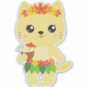 Hawaii Cat, Cute Cat, Yellow Cat, Flowers, Luau Sticker (Voorkant)