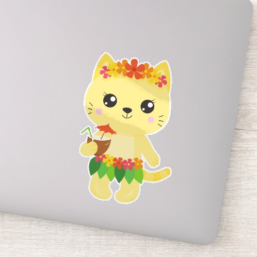 Hawaii Cat, Cute Cat, Yellow Cat, Flowers, Luau Sticker (Detail)