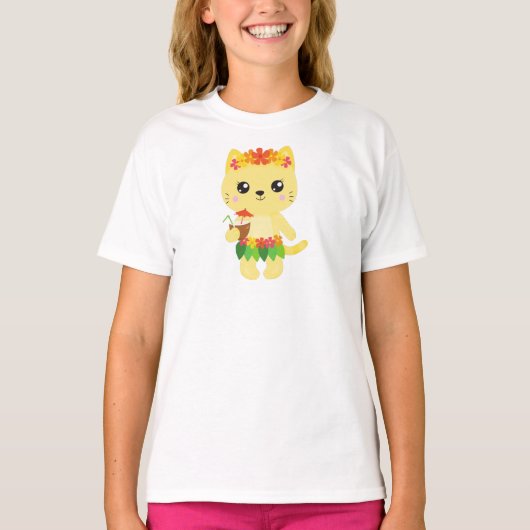 Hawaii Cat, Cute Cat, Yellow Cat, Flowers, Luau T-shirt (Voorkant)