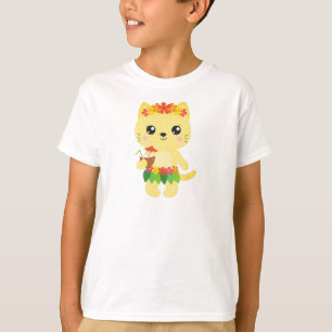 Hawaii Cat, Cute Cat, Yellow Cat, Flowers, Luau T-shirt