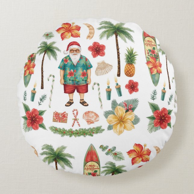 Hawaii Christmas themed with Santa Claus Rond Kussen (Voorkant)