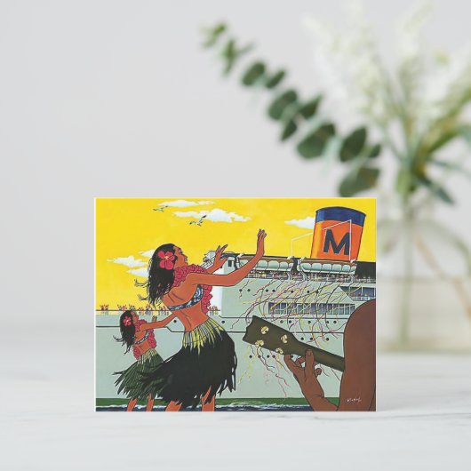 Hawaii, dansende hoermeisjes verwelkomen toeristen briefkaart (Staand voorkant)