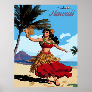 Hawaii, dansende Hula-meisje op het strand, Reizen Poster