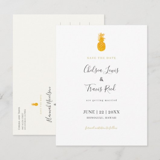 Hawaii Destination Wedding Save the Date Pineapple Aankondigingskaart (Voorkant / Achterkant)