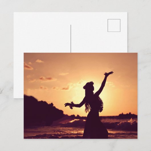 Hawaii, een meisje met een romp, silhouette op zon briefkaart (Voorkant / Achterkant)