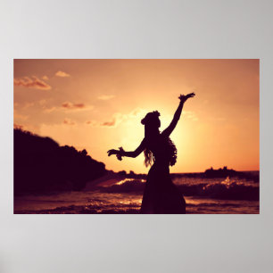 Hawaii, een meisje met een romp, silhouette op zon poster