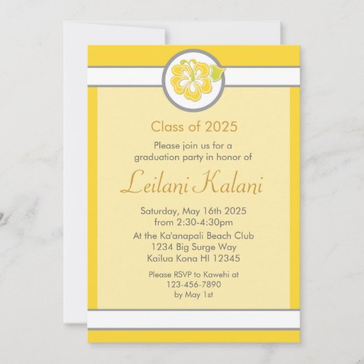 Hawaii geel thema hibiscus afstuderen uitnodiging (Voorkant)