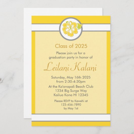 Hawaii geel thema hibiscus afstuderen uitnodiging (Voorkant / Achterkant)