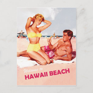 Hawaii, gelukkig surfend stel, vintage reis briefkaart
