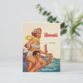 Hawaii, gelukkig surfende koppel, oud reisje briefkaart (Staand voorkant)