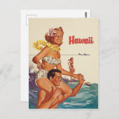 Hawaii, gelukkig surfende koppel, oud reisje briefkaart (Voorkant / Achterkant)