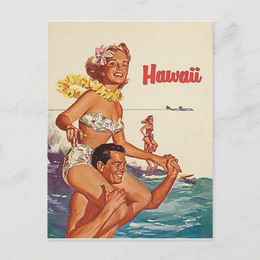 Hawaii, gelukkig surfende koppel, oud reisje briefkaart (Voorkant)