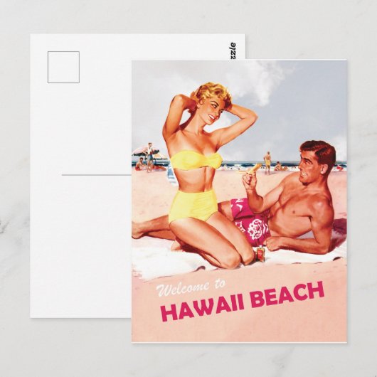Hawaii, gelukkig surfende koppel, oud reisje briefkaart (Voorkant / Achterkant)