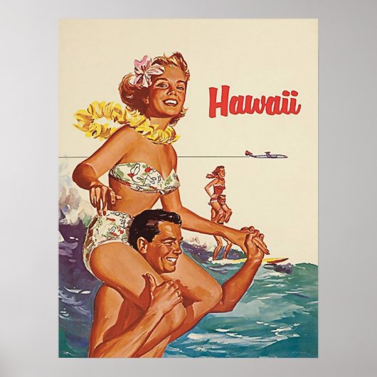 Hawaii, gelukkig surfende koppel, oud reisje poster (Voorkant)