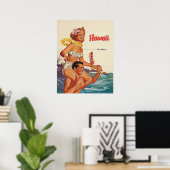 Hawaii, gelukkig surfende koppel, oud reisje poster (Thuiskantoor)