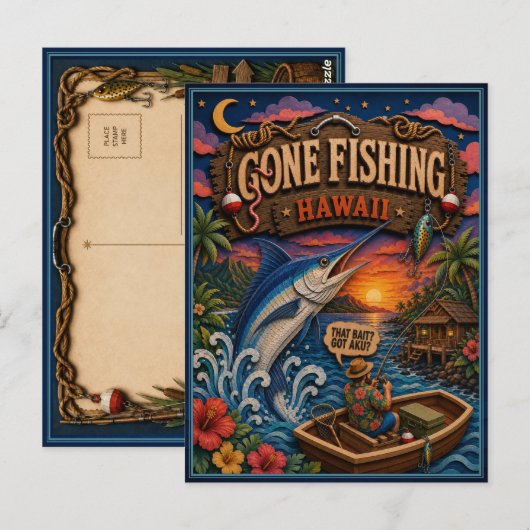 Hawaii Gone Fishing Blauwe Marlijn Briefkaart (Voorkant / Achterkant)
