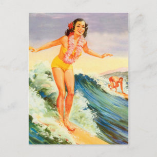 Hawaii, Hawaiaanse surfster op een grote golf, vin Briefkaart