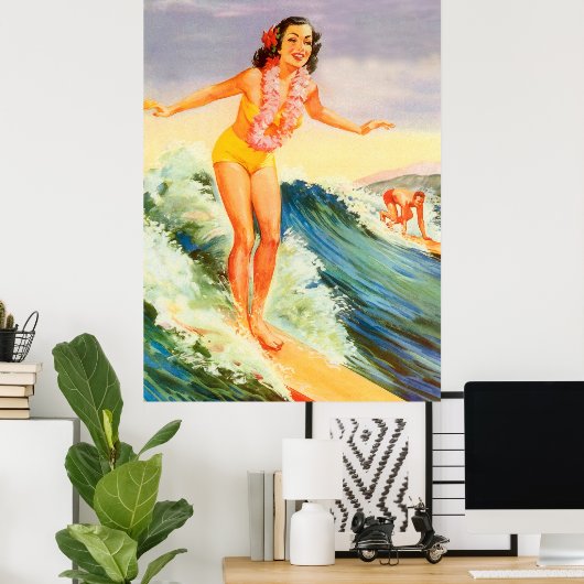 Hawaii, Hawaian surfer meisje op een grote golf,  Poster (Thuiskantoor)