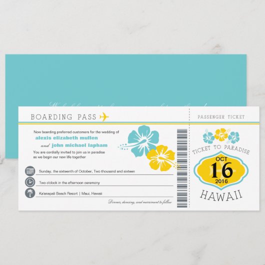 Hawaii Hibiscus Boarding Pass Wedding Kaart (Voorkant / Achterkant)