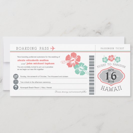 Hawaii Hibiscus Boarding Pass Wedding Kaart (Voorkant)