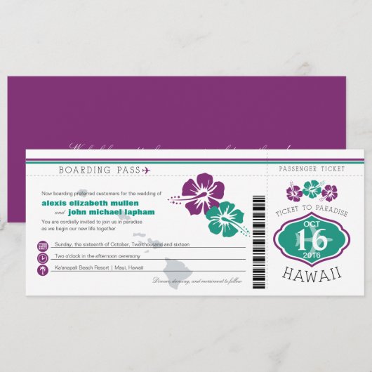 Hawaii Hibiscus Boarding Pass Wedding Kaart (Voorkant / Achterkant)