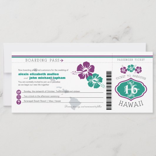 Hawaii Hibiscus Boarding Pass Wedding Kaart (Voorkant)