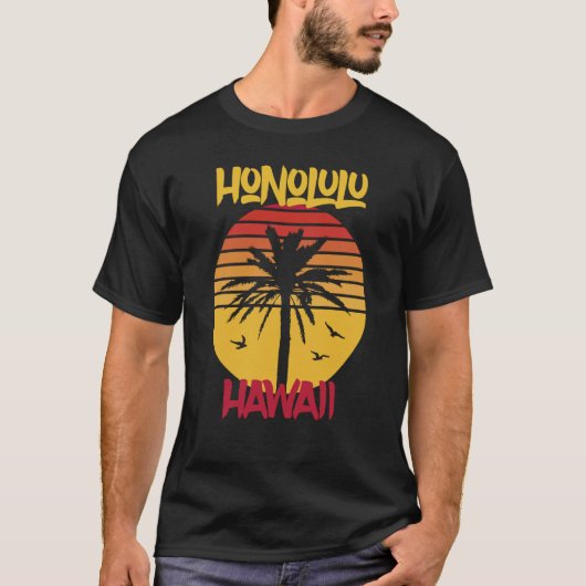 Hawaii Honolulu Palm Tree Surfing T-shirt (Voorkant)