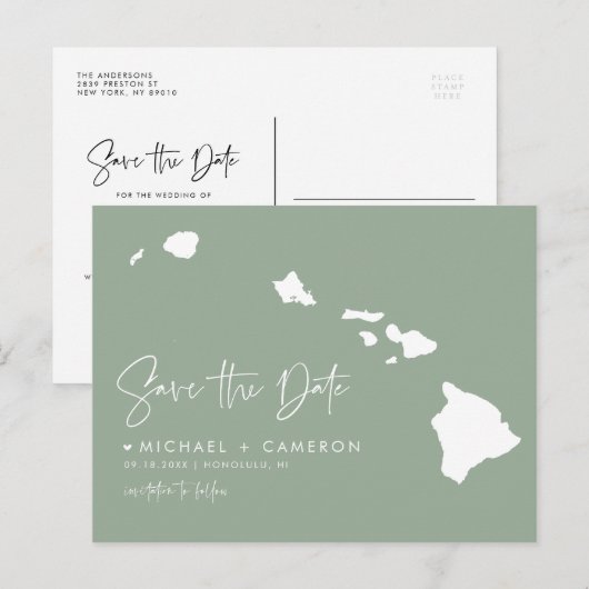 Hawaii Kaart Sage Green Save the Date (Voorkant / Achterkant)